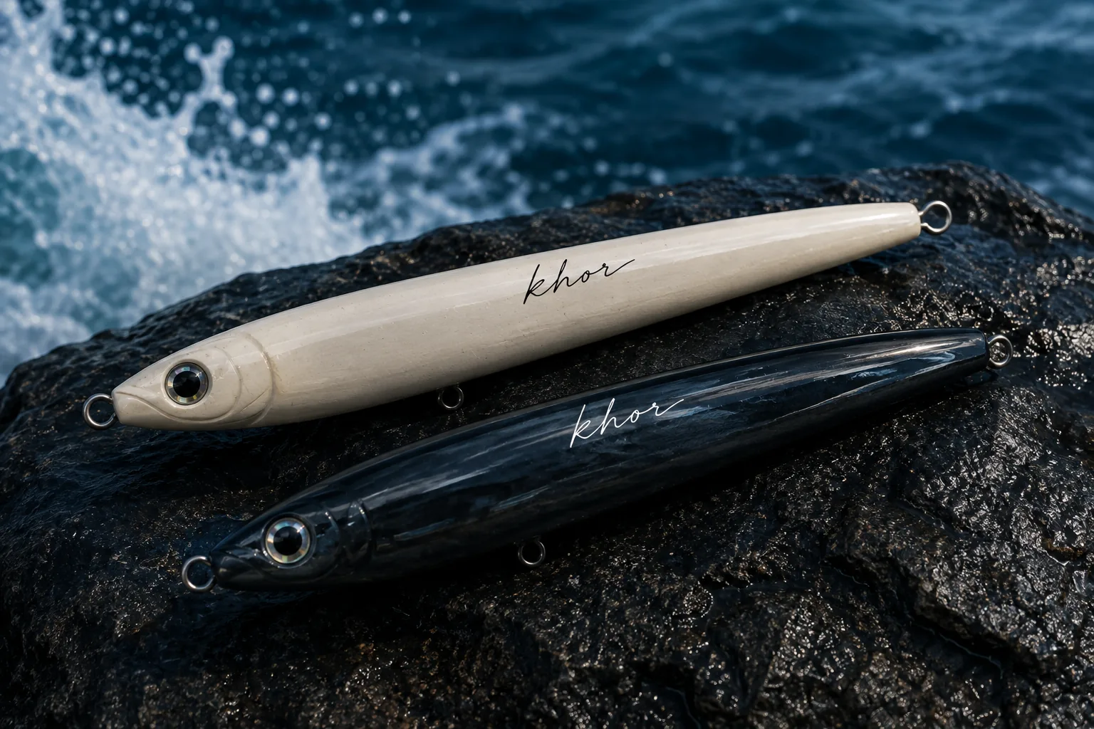 King Slayer stick baits in offwhite and Midnight Ocean black on a rock by the sea
