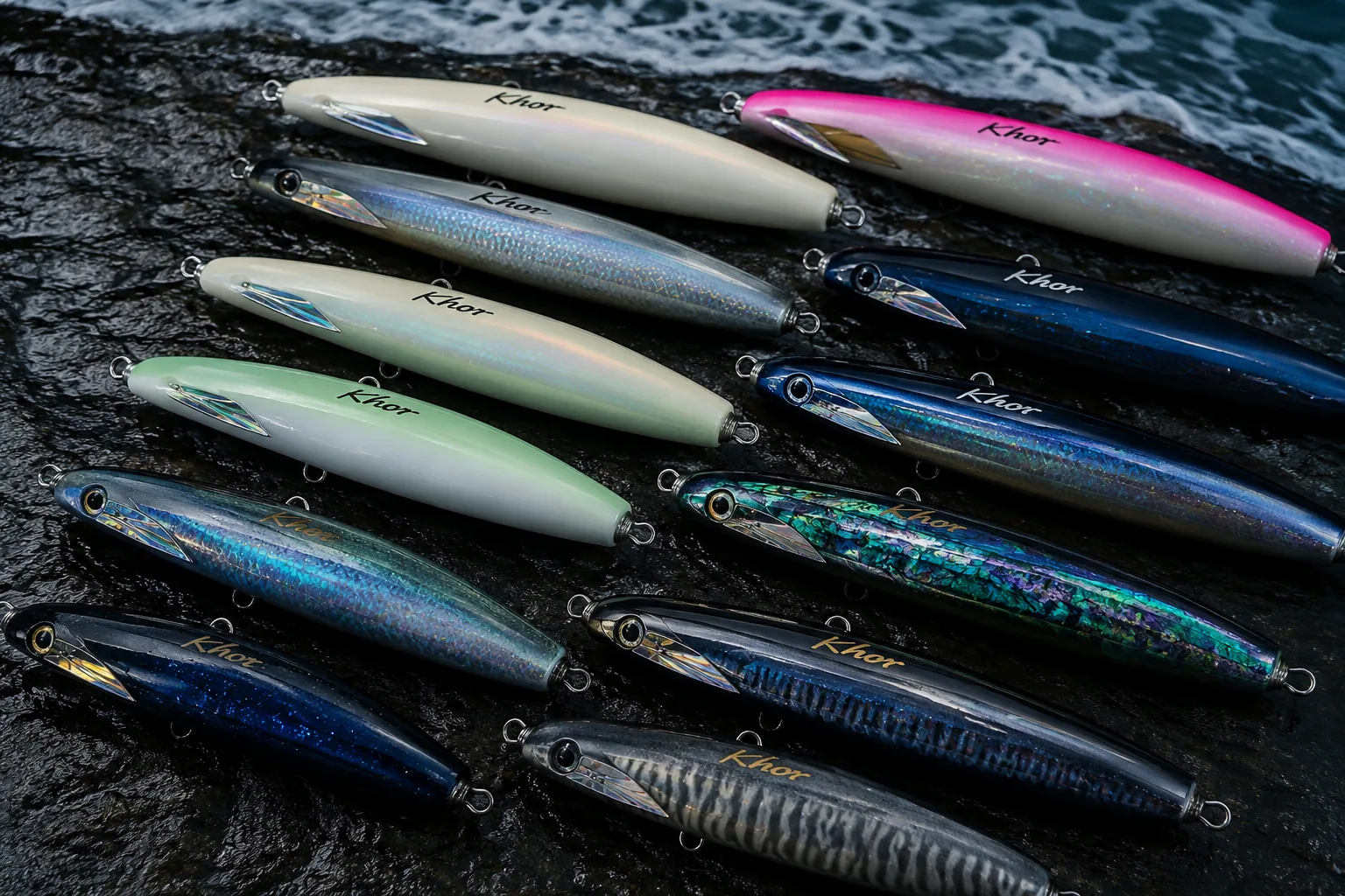 Twelve Khor stick baits in different colourways on a wet rock