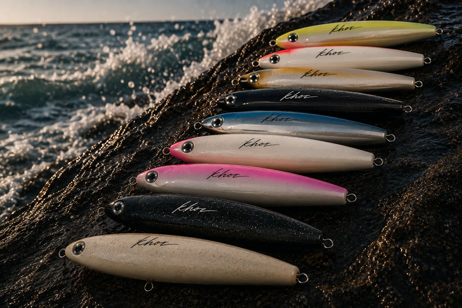 A row of Khor stick baits in nine colours on a rock with waves behind